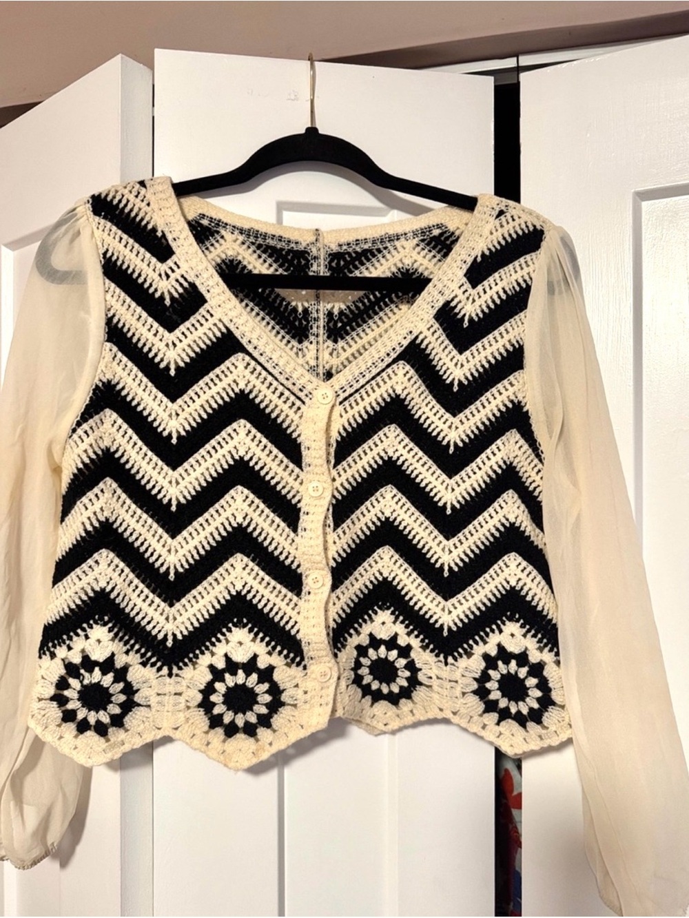 Crochet Chevron button up Cardigan/ Top with Sheer Sleeves - Black & Cream